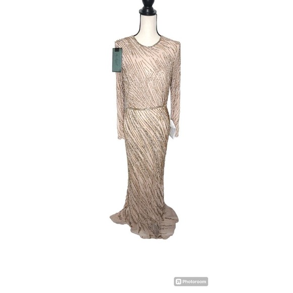 Mac Duggal Long Sleeve Beaded Column Evening Gown Embellished Size 12 Mocha 5240 - Picture 3 of 16